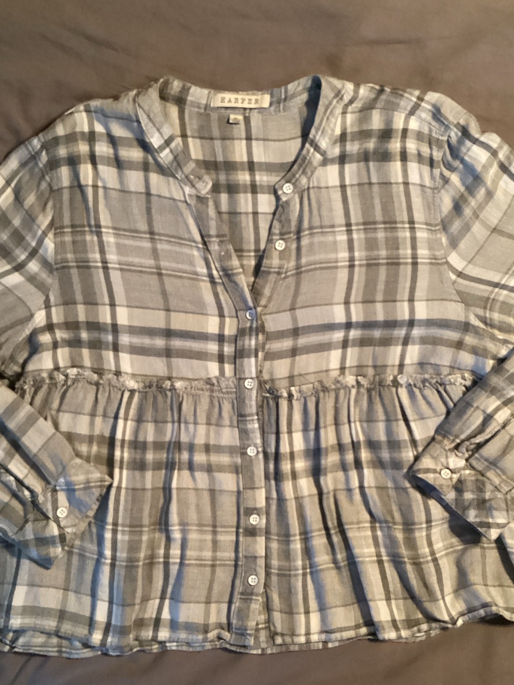 Harper Gray and White Plaid Button-Front Peplum Top